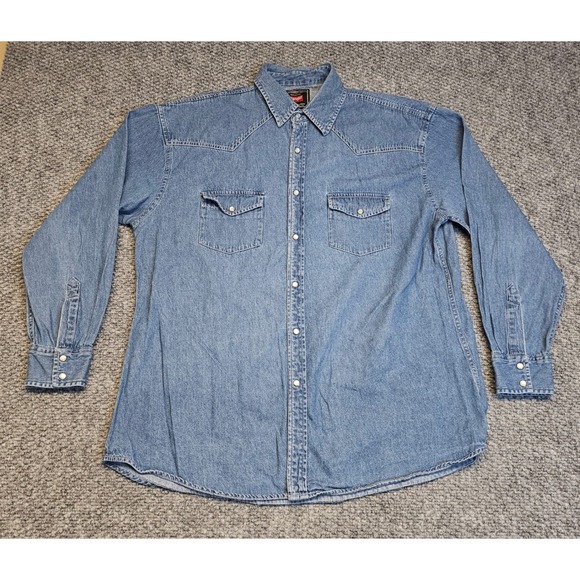 Vintage Wrangler Mens Long Sleeve Denim Western Shirt Light Wash Size L - Picture 2 of 7